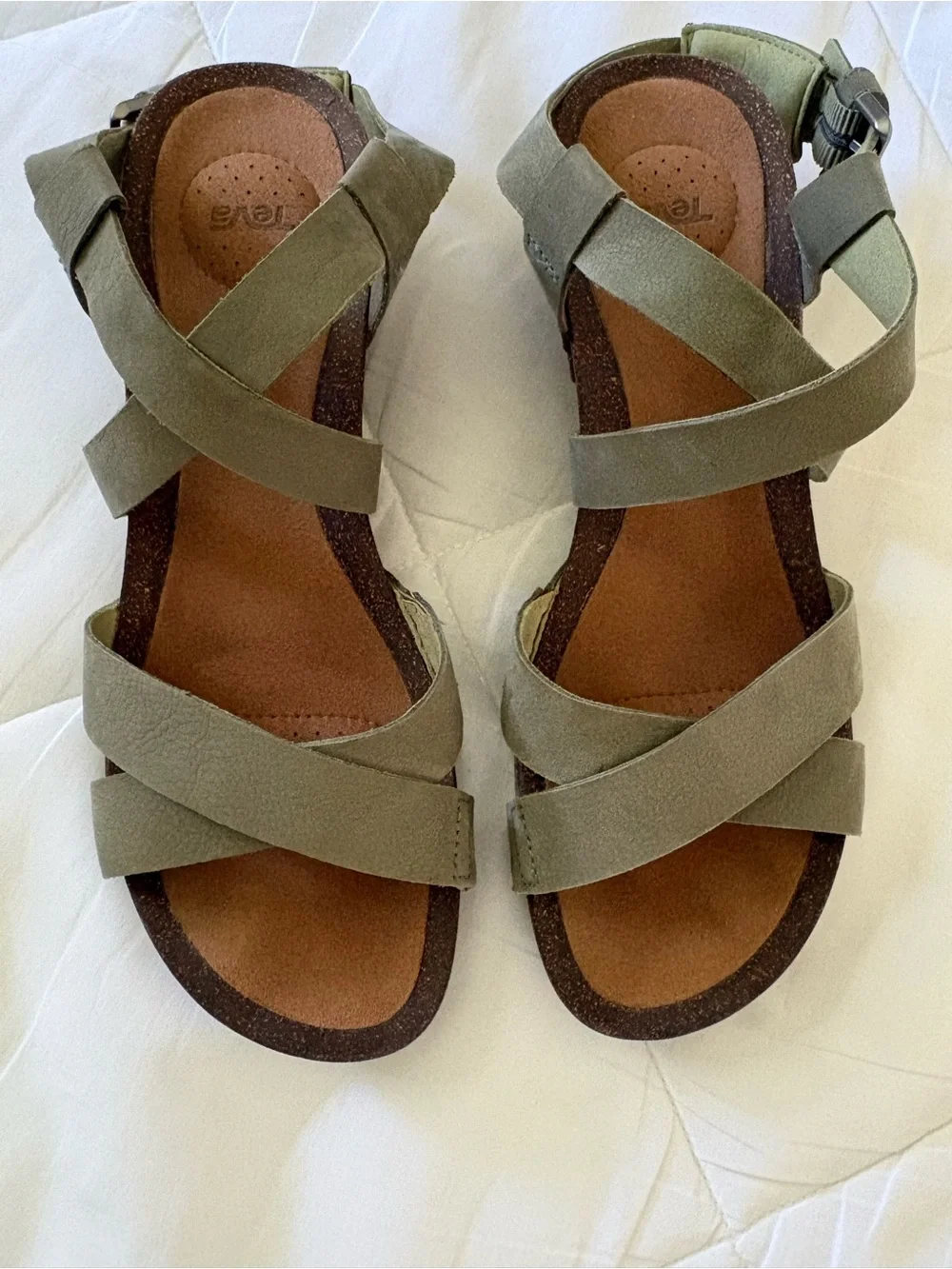 Teva Mahonia Cross Strap Wedge Sandal. Olive Green Suede Strap.
